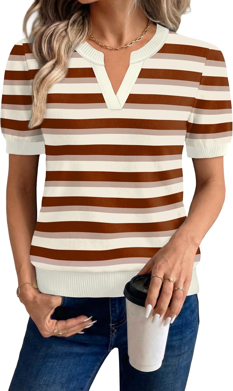image:imageWIHOLL Short Sleeve Sweater Tops 2026 Spring Summer Trendy Knit Business Casual Essential V Neck Sweaters05 Brown Striped