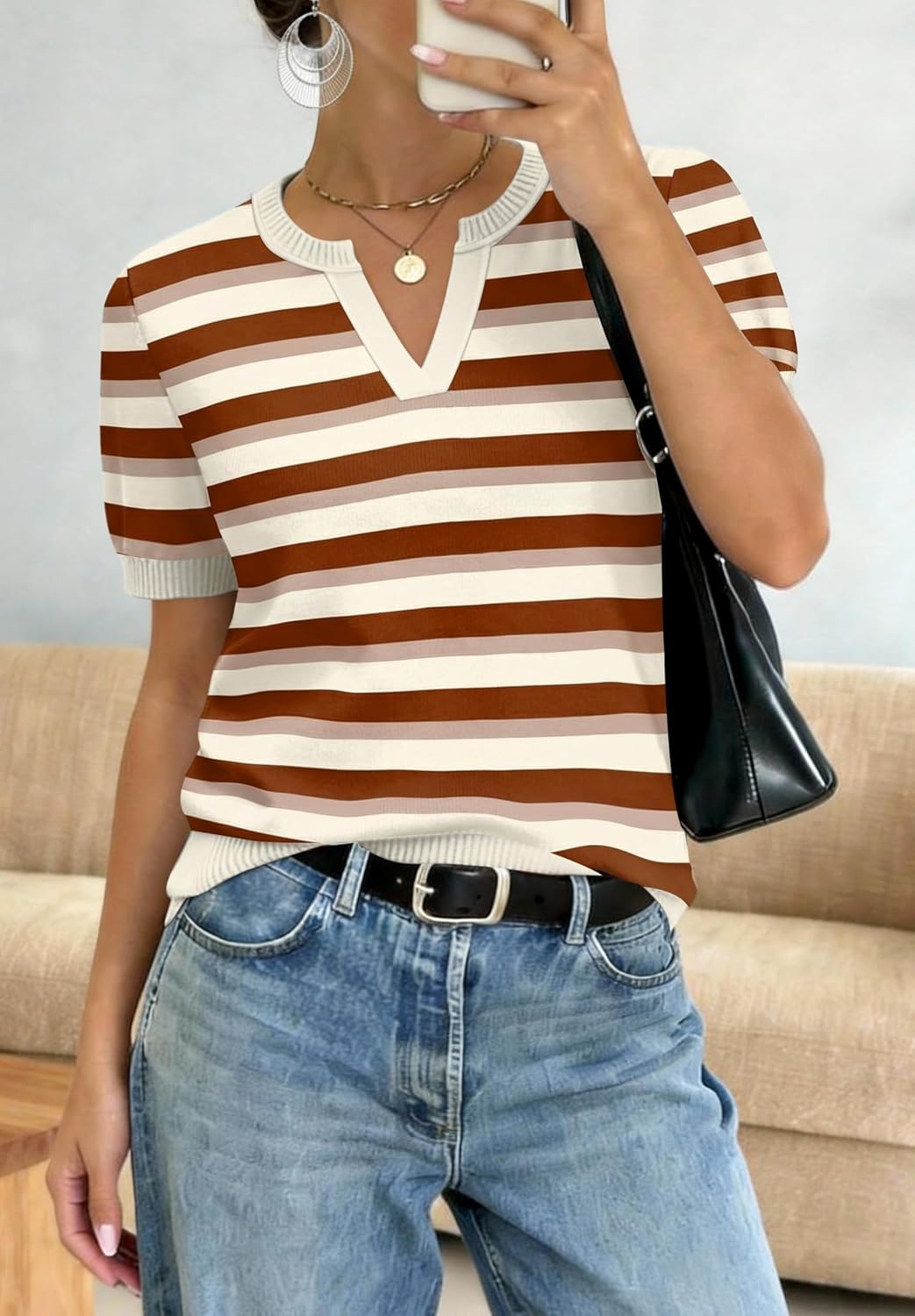 image:imageWIHOLL Short Sleeve Sweater Tops 2026 Spring Summer Trendy Knit Business Casual Essential V Neck Sweaters05 Brown Striped
