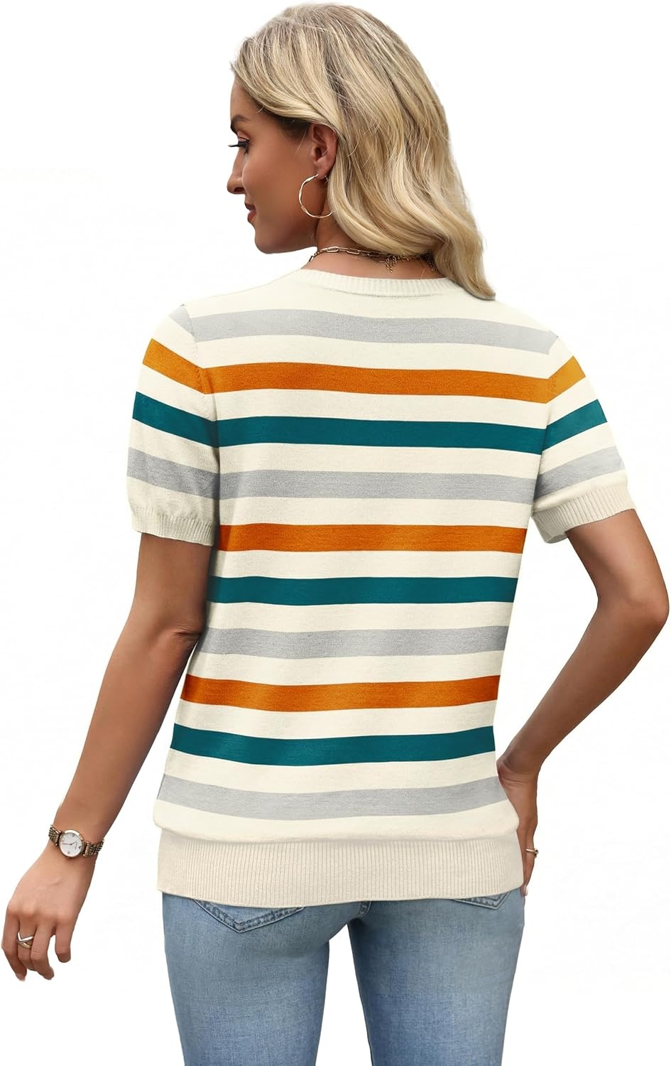 image:imageWIHOLL Short Sleeve Sweater Tops 2026 Spring Summer Trendy Knit Business Casual Essential V Neck Sweaters05 Orange Green Striped
