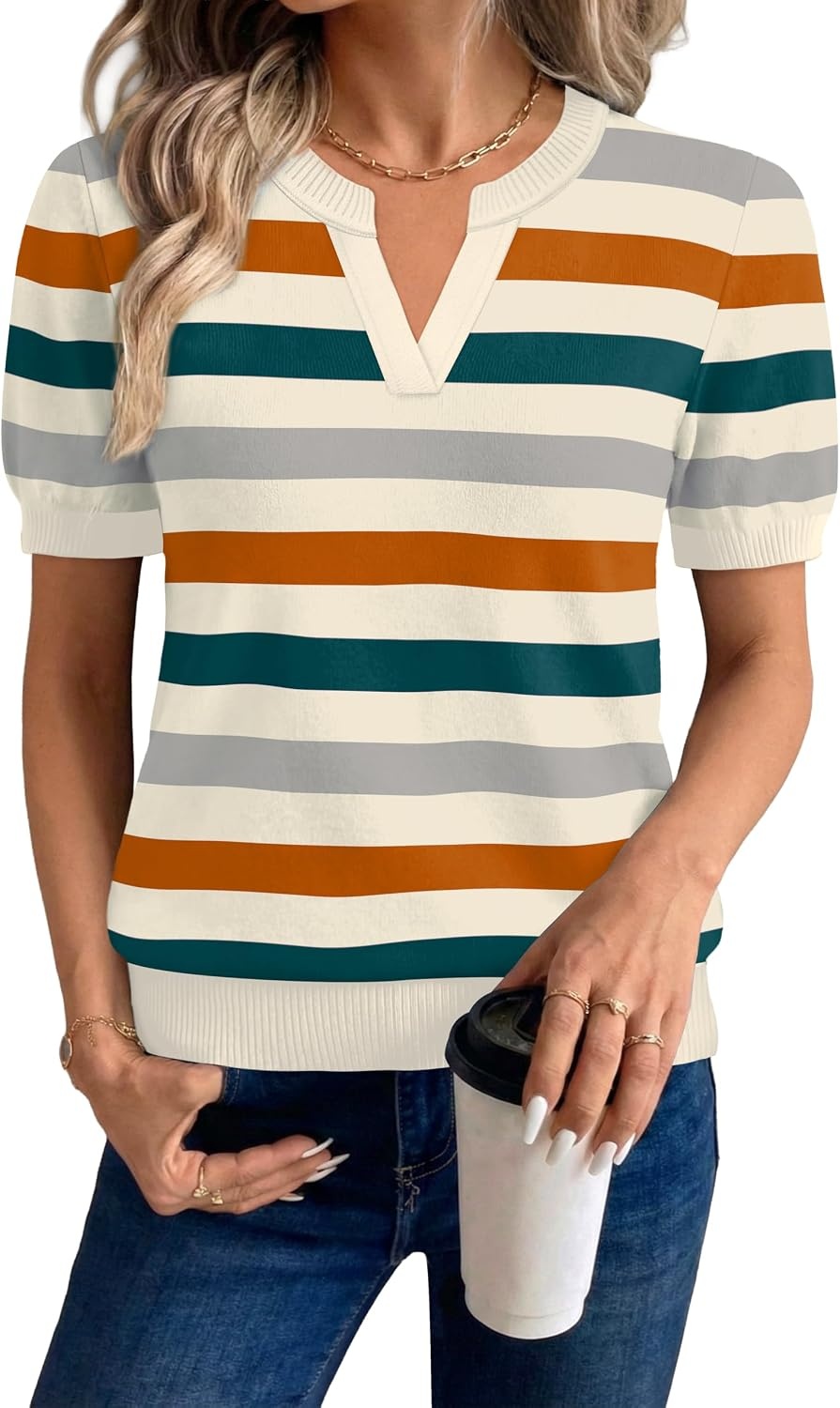 image:imageWIHOLL Short Sleeve Sweater Tops 2026 Spring Summer Trendy Knit Business Casual Essential V Neck Sweaters05 Orange Green Striped