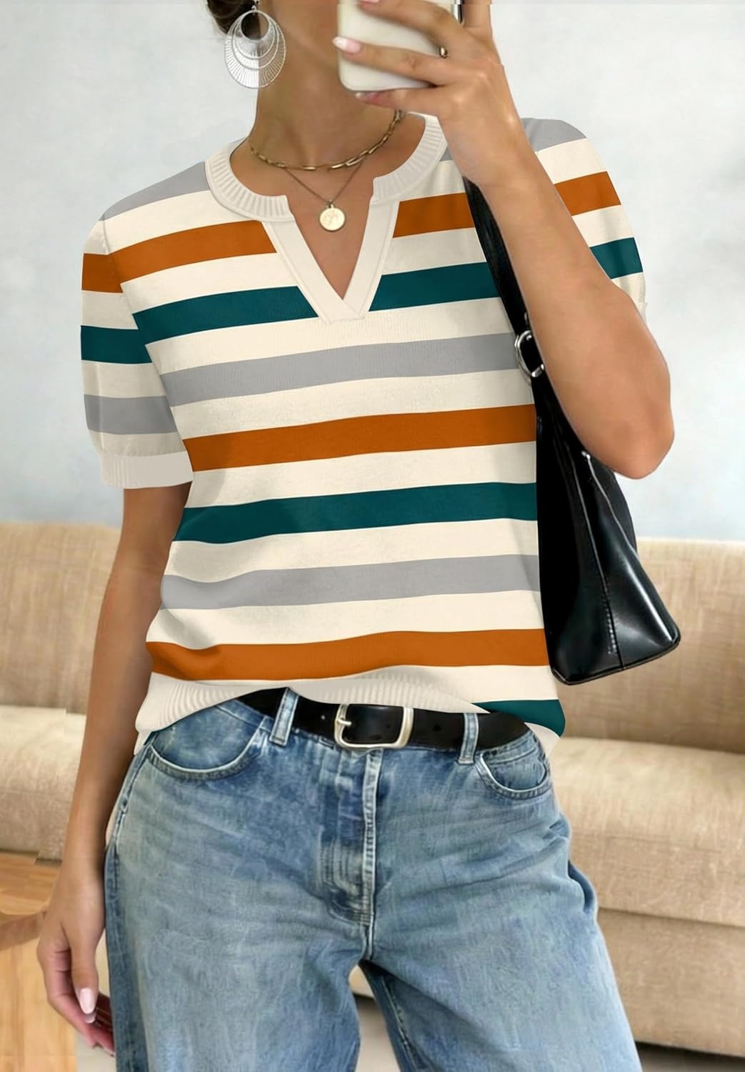 image:imageWIHOLL Short Sleeve Sweater Tops 2026 Spring Summer Trendy Knit Business Casual Essential V Neck Sweaters05 Orange Green Striped