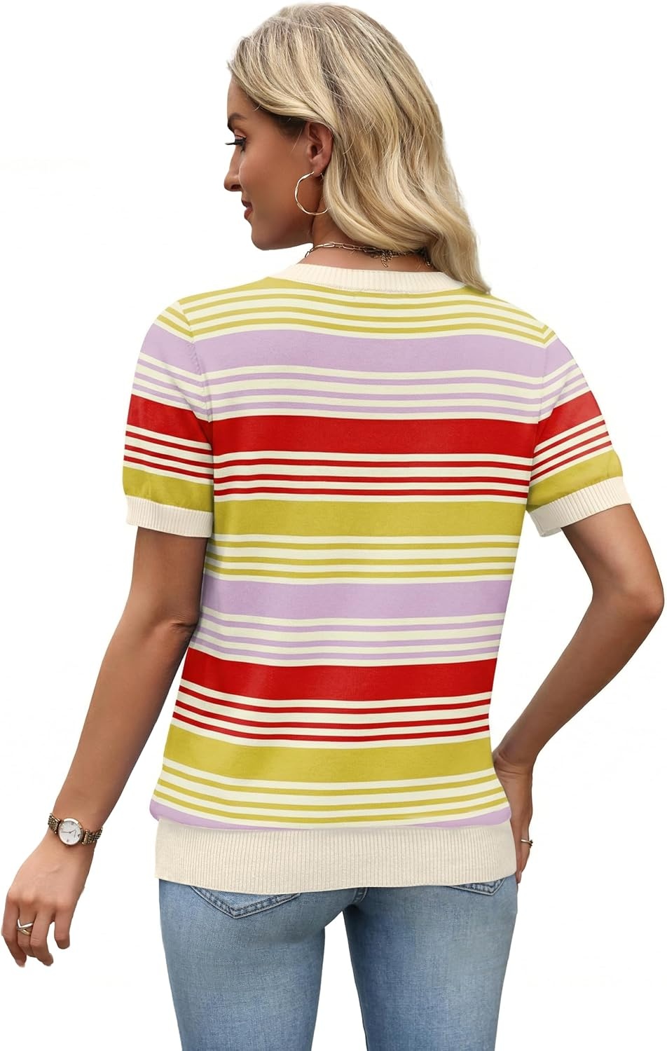 image:imageWIHOLL Short Sleeve Sweater Tops 2026 Spring Summer Trendy Knit Business Casual Essential V Neck Sweaters05 Stripes