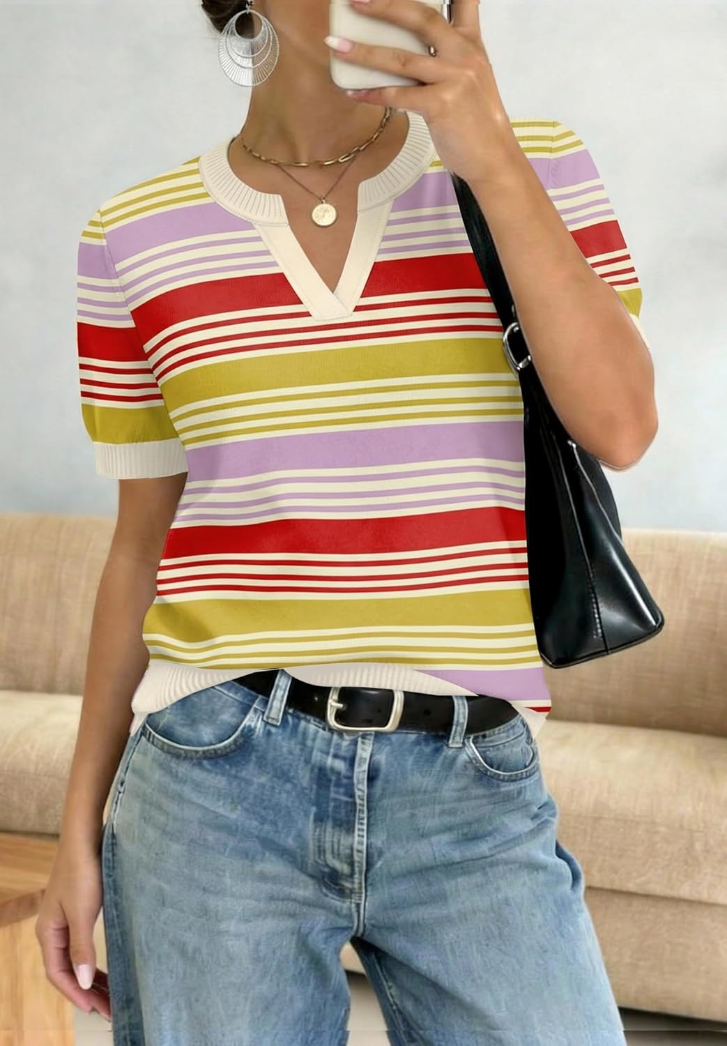 image:imageWIHOLL Short Sleeve Sweater Tops 2026 Spring Summer Trendy Knit Business Casual Essential V Neck Sweaters05 Stripes