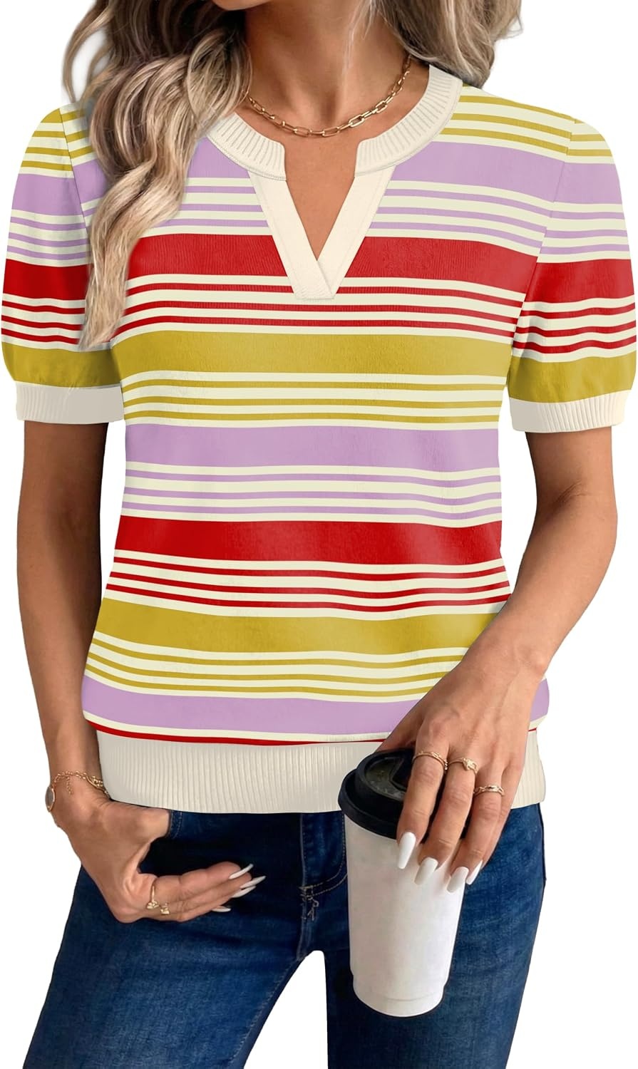 image:imageWIHOLL Short Sleeve Sweater Tops 2026 Spring Summer Trendy Knit Business Casual Essential V Neck Sweaters05 Stripes