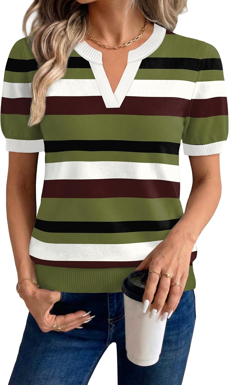 image:imageWIHOLL Short Sleeve Sweater Tops 2026 Spring Summer Trendy Knit Business Casual Essential V Neck Sweaters06 Stripes