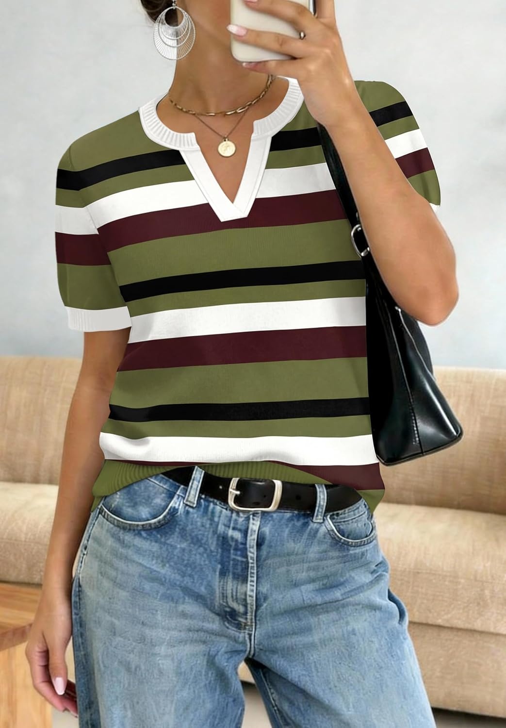 image:imageWIHOLL Short Sleeve Sweater Tops 2026 Spring Summer Trendy Knit Business Casual Essential V Neck Sweaters06 Stripes