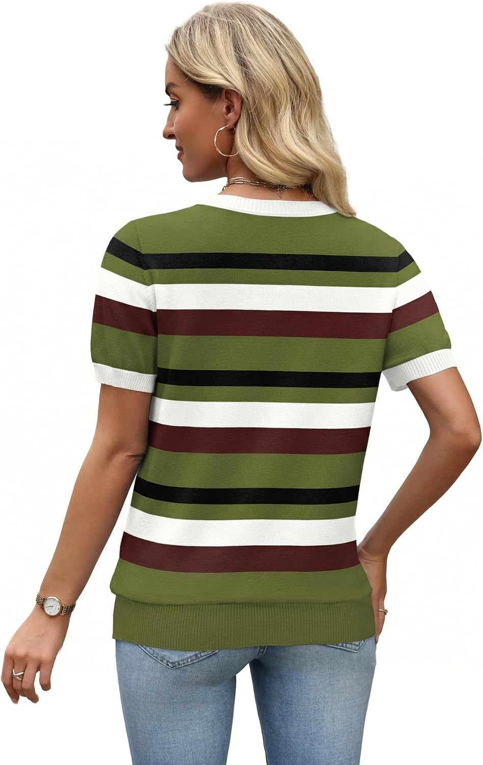 image:imageWIHOLL Short Sleeve Sweater Tops 2026 Spring Summer Trendy Knit Business Casual Essential V Neck Sweaters06 Stripes