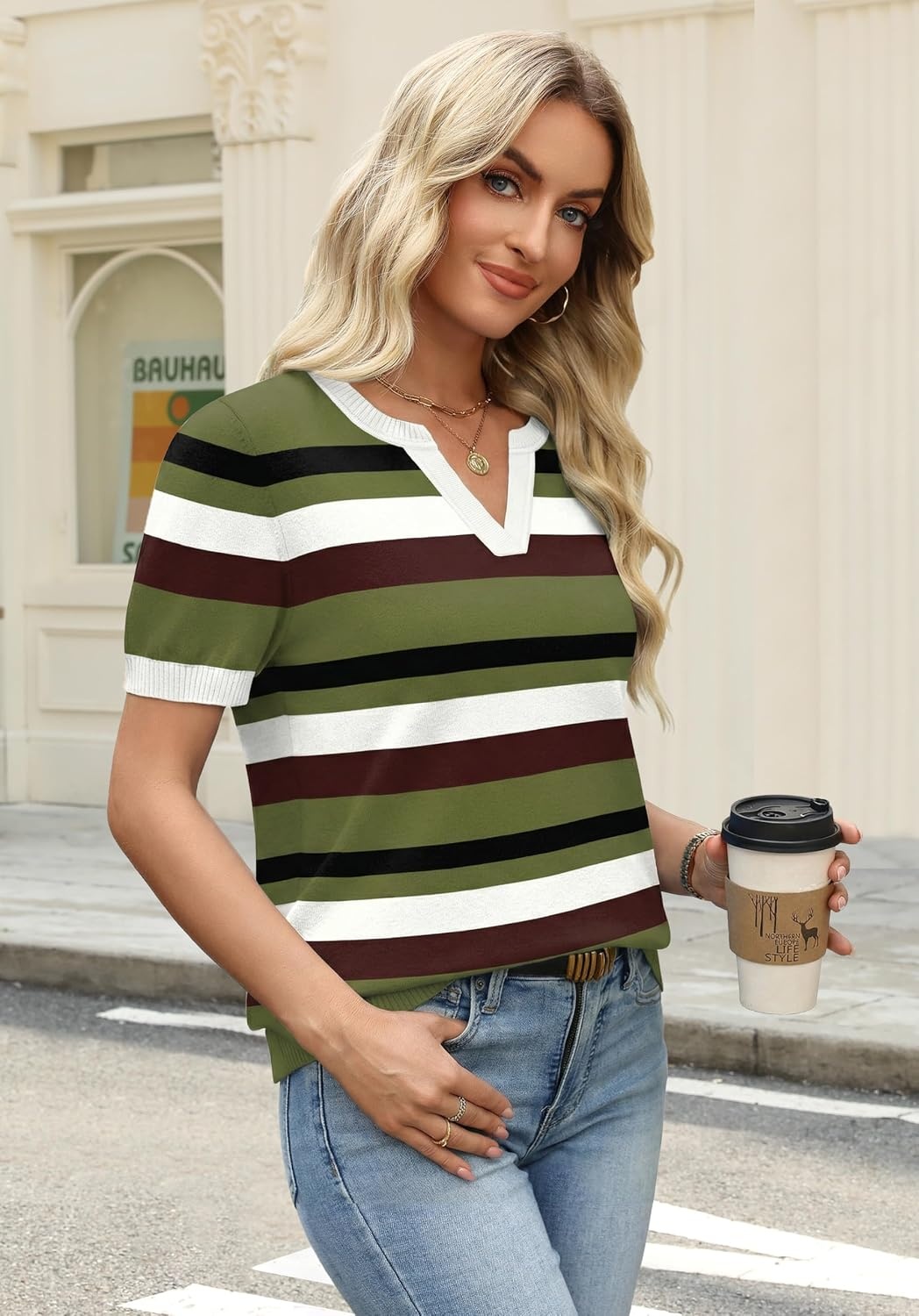 image:imageWIHOLL Short Sleeve Sweater Tops 2026 Spring Summer Trendy Knit Business Casual Essential V Neck Sweaters06 Stripes