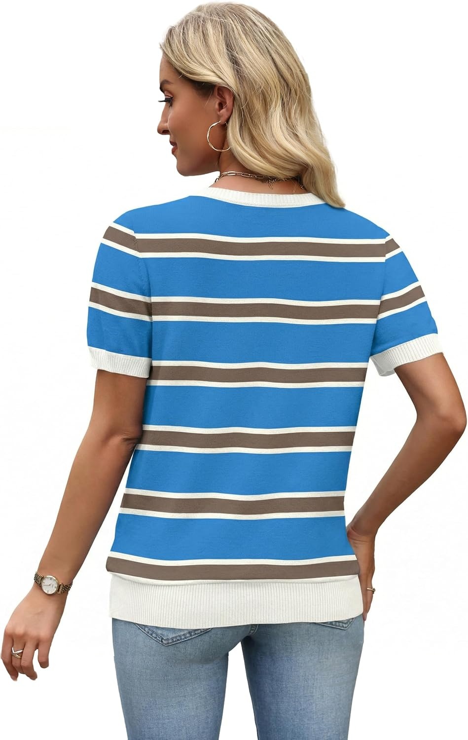 image:imageWIHOLL Short Sleeve Sweater Tops 2026 Spring Summer Trendy Knit Business Casual Essential V Neck Sweaters07 Stripes