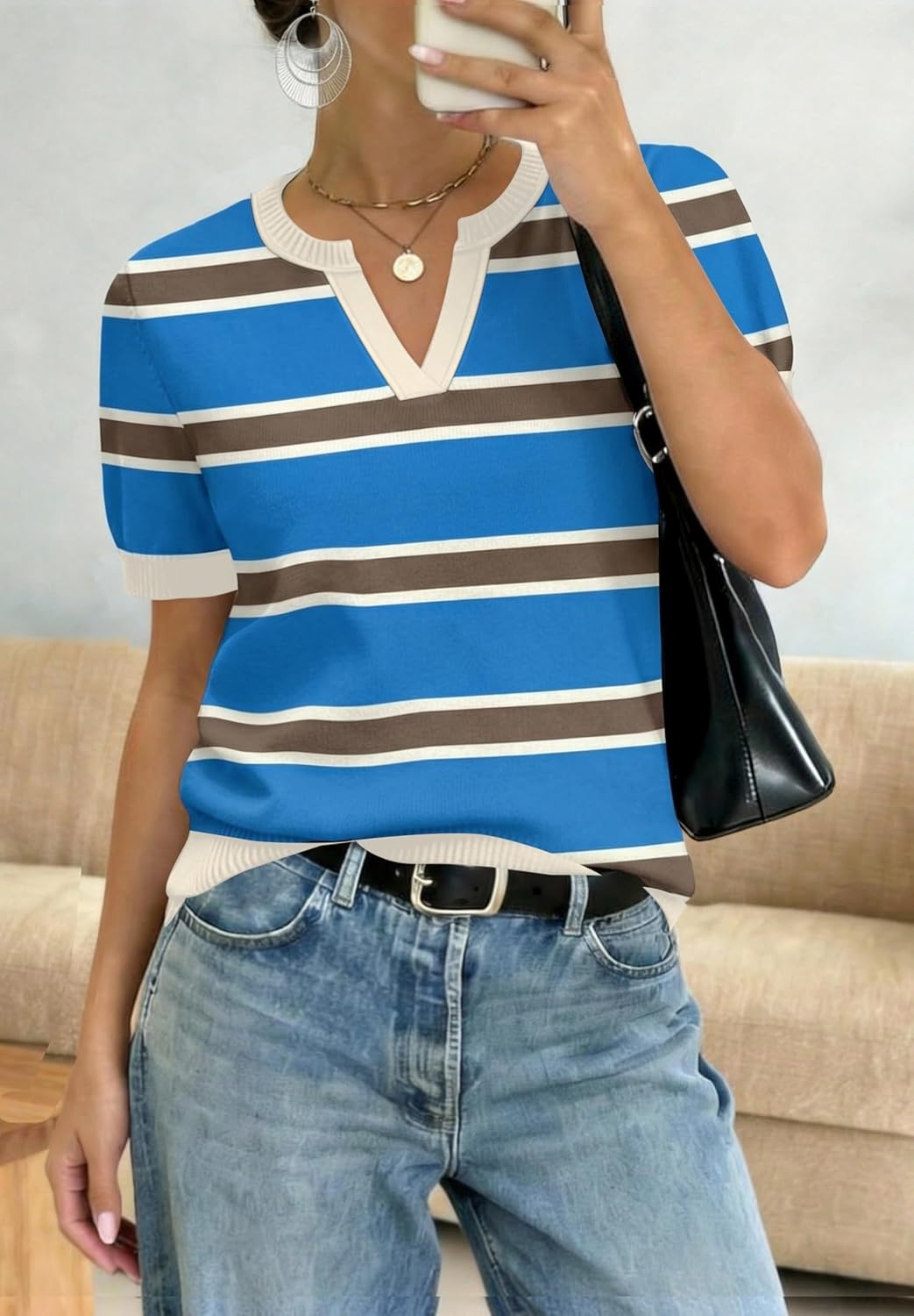 image:imageWIHOLL Short Sleeve Sweater Tops 2026 Spring Summer Trendy Knit Business Casual Essential V Neck Sweaters07 Stripes