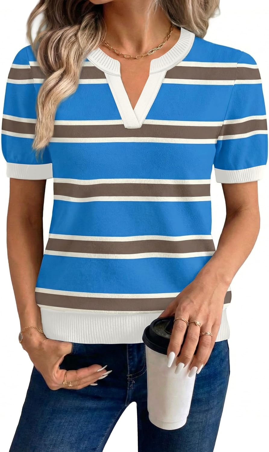 image:imageWIHOLL Short Sleeve Sweater Tops 2026 Spring Summer Trendy Knit Business Casual Essential V Neck Sweaters07 Stripes