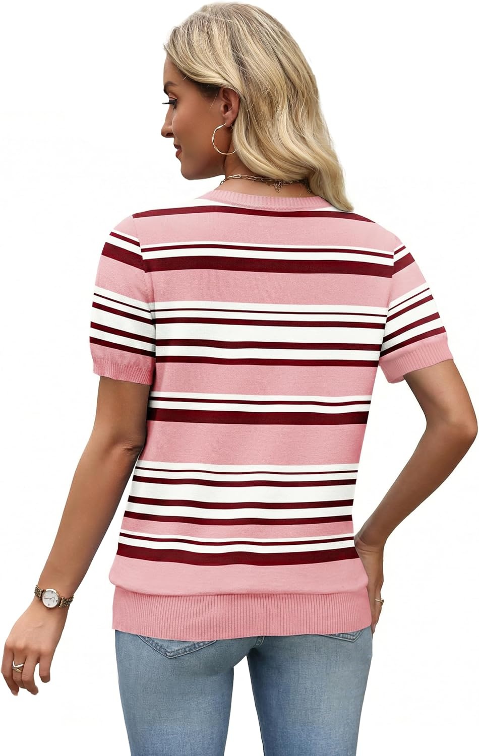 image:imageWIHOLL Short Sleeve Sweater Tops 2026 Spring Summer Trendy Knit Business Casual Essential V Neck Sweaters08 Stripes