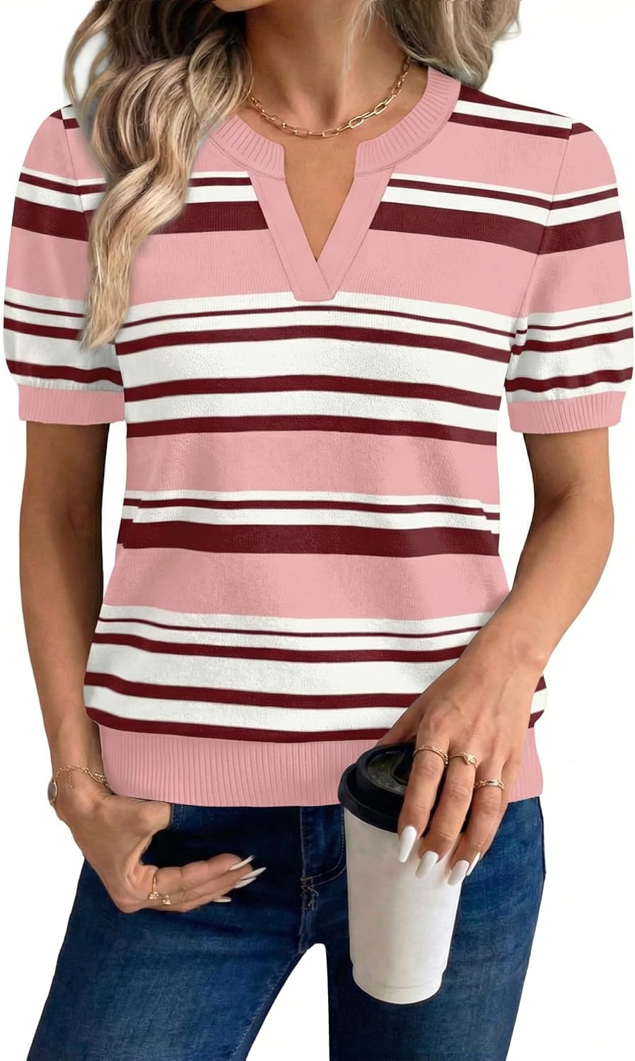 image:imageWIHOLL Short Sleeve Sweater Tops 2026 Spring Summer Trendy Knit Business Casual Essential V Neck Sweaters08 Stripes