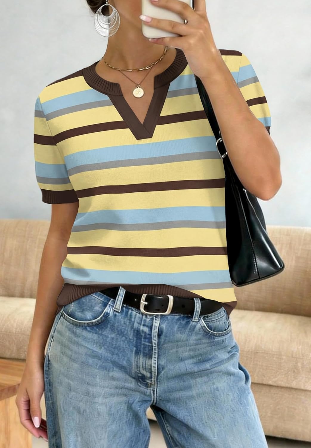 image:imageWIHOLL Short Sleeve Sweater Tops 2026 Spring Summer Trendy Knit Business Casual Essential V Neck Sweaters09 Stripes