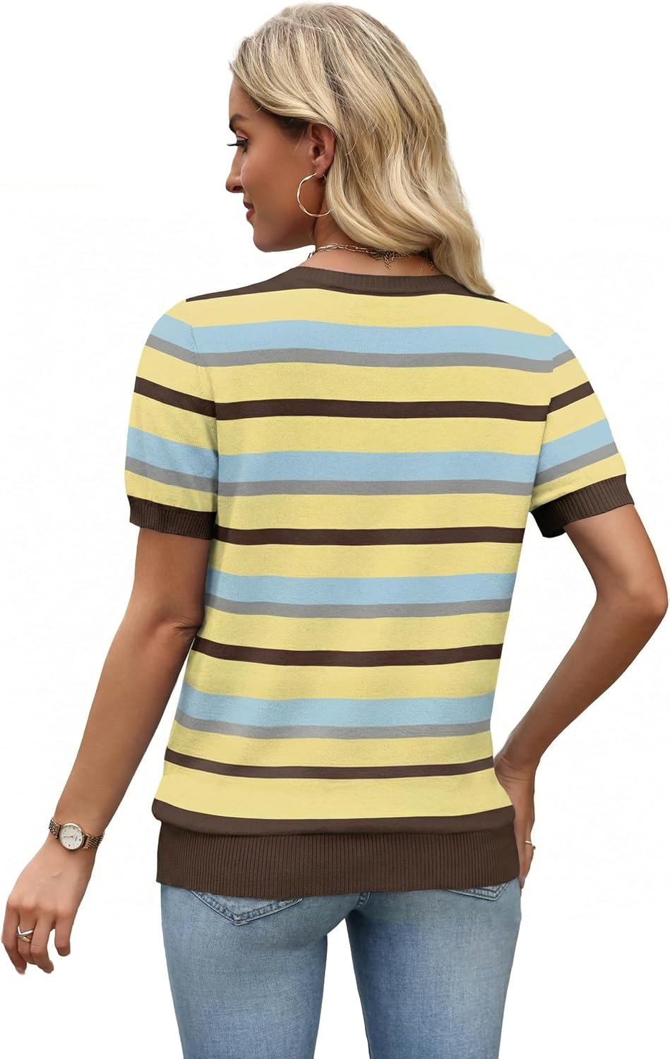 image:imageWIHOLL Short Sleeve Sweater Tops 2026 Spring Summer Trendy Knit Business Casual Essential V Neck Sweaters09 Stripes