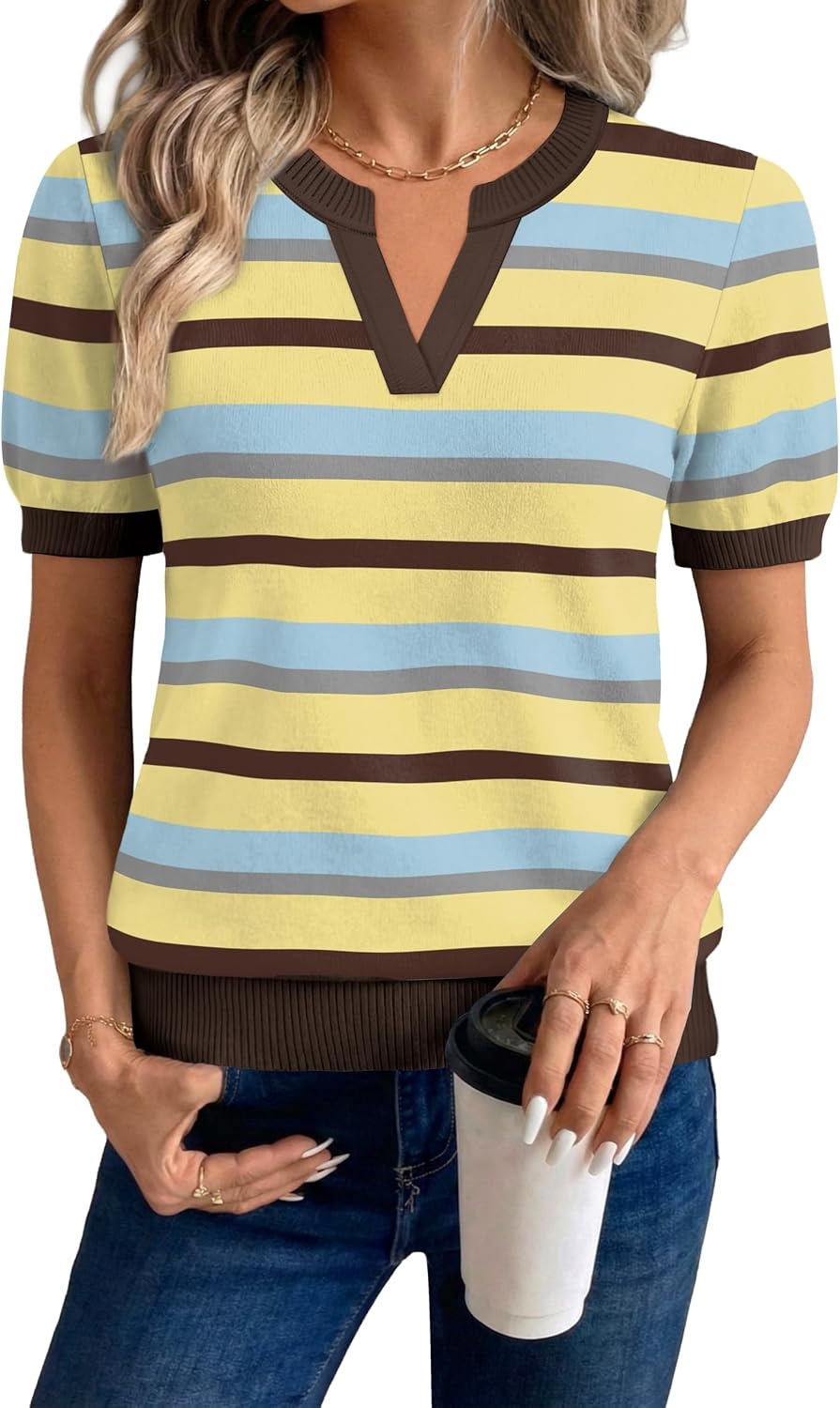 image:imageWIHOLL Short Sleeve Sweater Tops 2026 Spring Summer Trendy Knit Business Casual Essential V Neck Sweaters09 Stripes