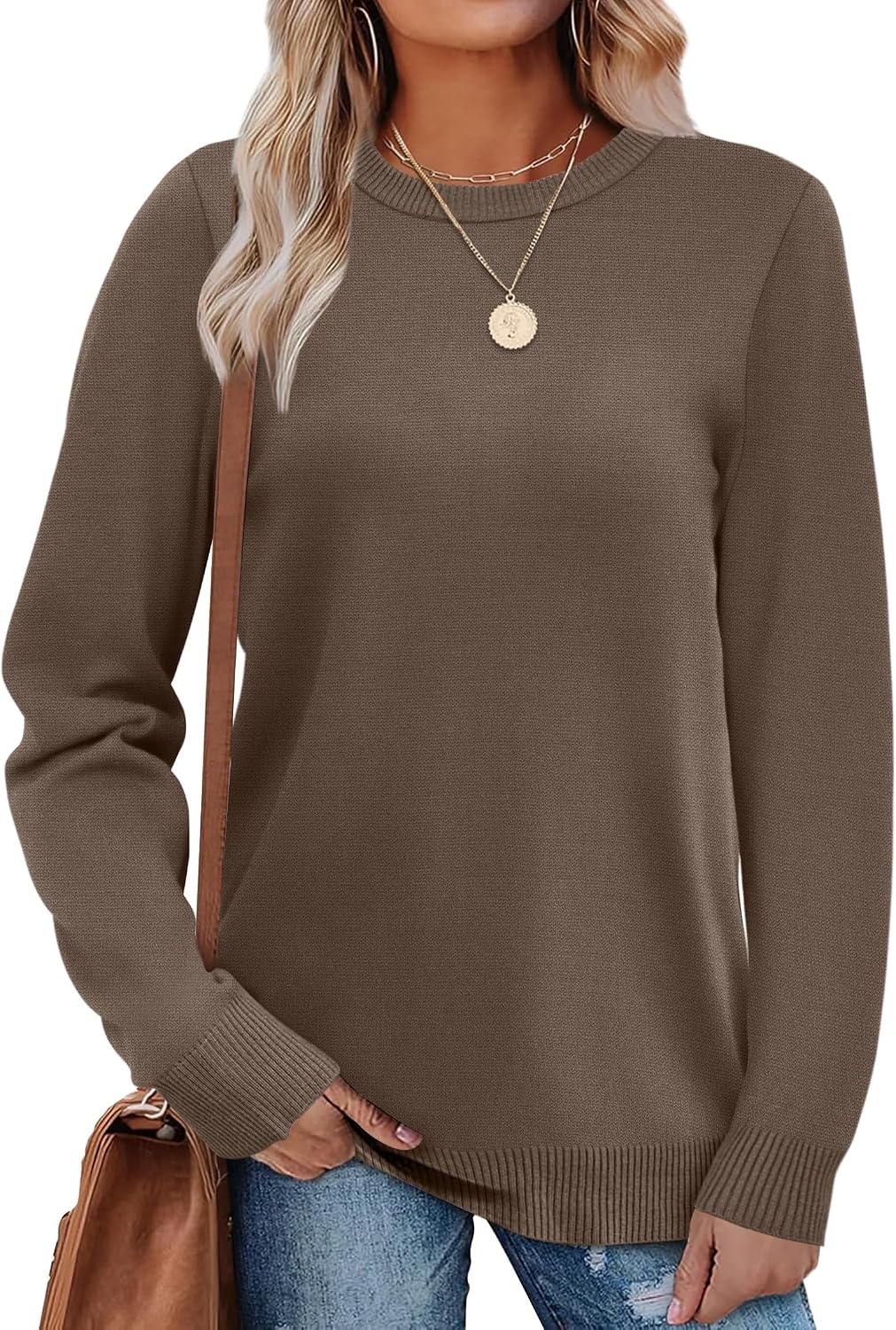 image:imageWIHOLL Sweaters for Women Lightweight Fall Tops Pullover Long Sleeve ShirtsBrown