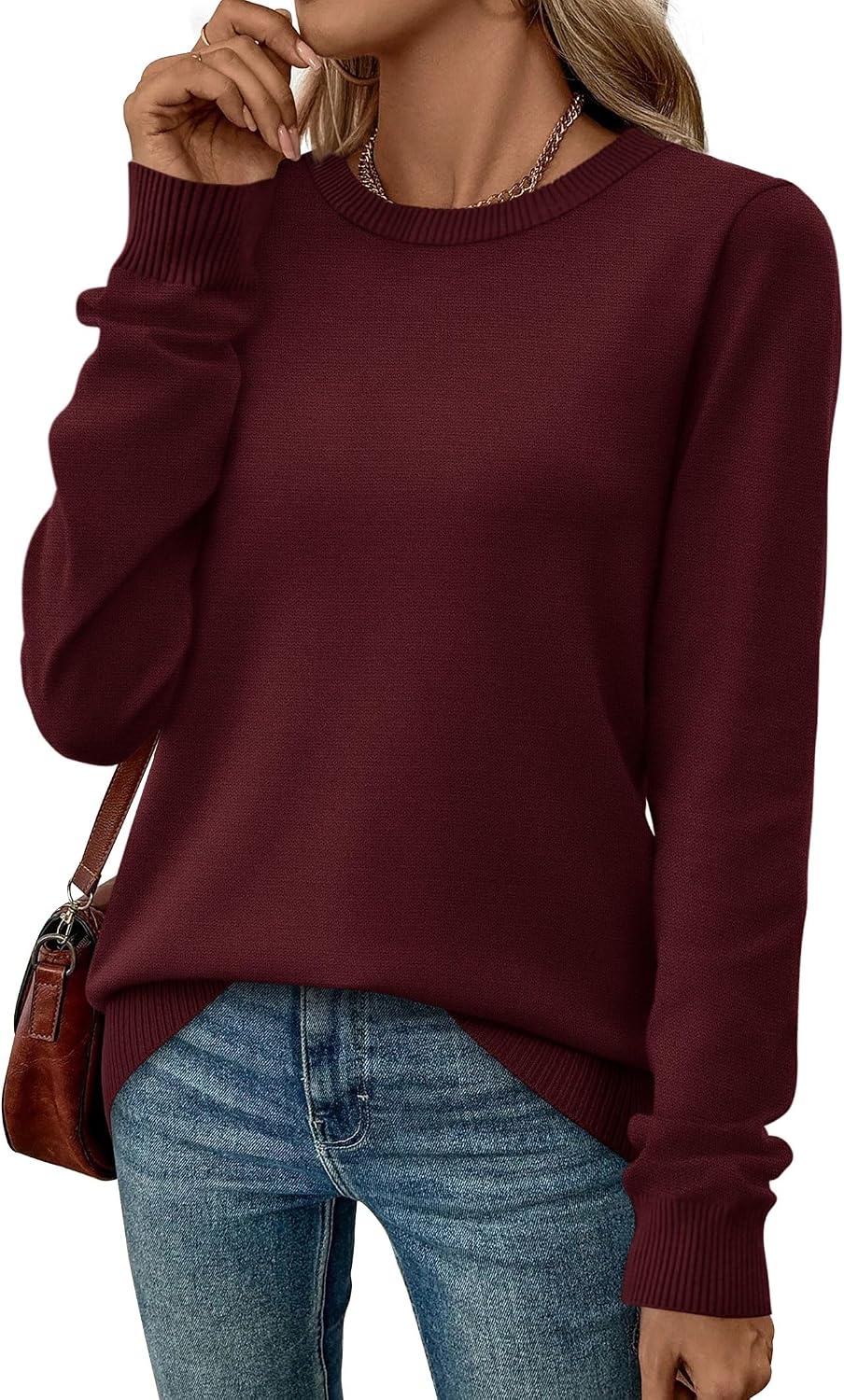 image:imageWIHOLL Sweaters for Women Lightweight Fall Tops Pullover Long Sleeve ShirtsBurgundy