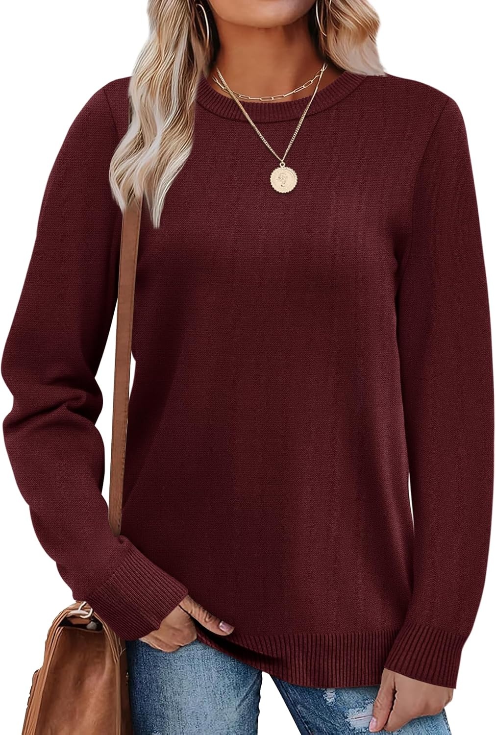 image:imageWIHOLL Sweaters for Women Lightweight Fall Tops Pullover Long Sleeve ShirtsBurgundy