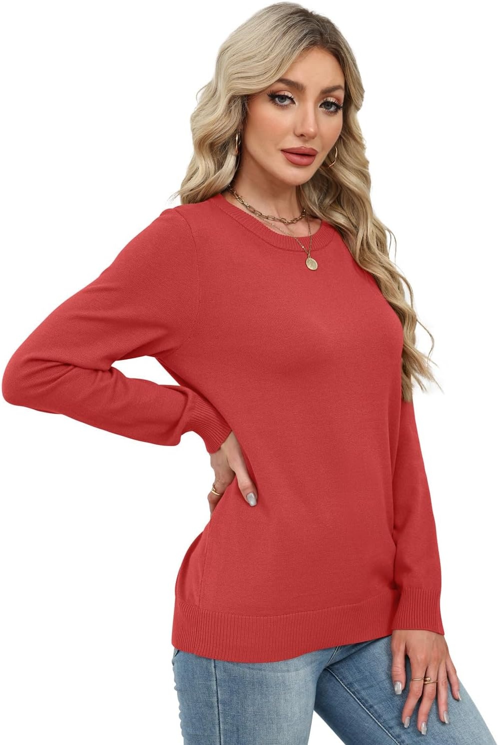 image:imageWIHOLL Sweaters for Women Lightweight Fall Tops Pullover Long Sleeve ShirtsRed
