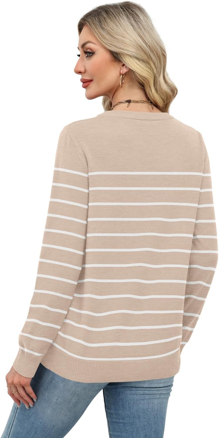 image:imageWIHOLL Sweaters for Women Lightweight Fall Tops Pullover Long Sleeve ShirtsSapricotwhite Striped