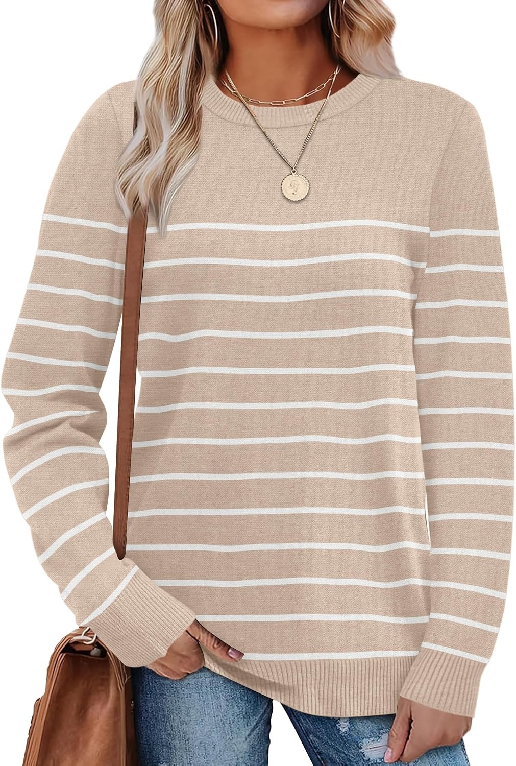 image:imageWIHOLL Sweaters for Women Lightweight Fall Tops Pullover Long Sleeve ShirtsSapricotwhite Striped