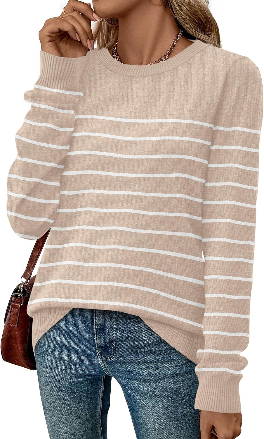 image:imageWIHOLL Sweaters for Women Lightweight Fall Tops Pullover Long Sleeve ShirtsSapricotwhite Striped