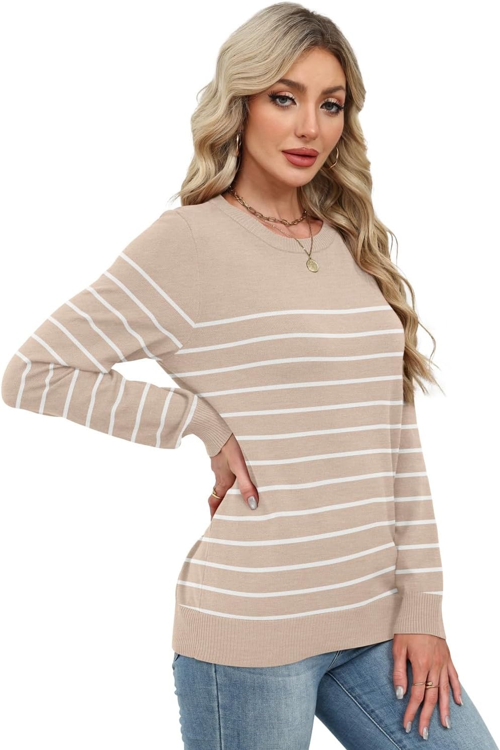 image:imageWIHOLL Sweaters for Women Lightweight Fall Tops Pullover Long Sleeve ShirtsSapricotwhite Striped