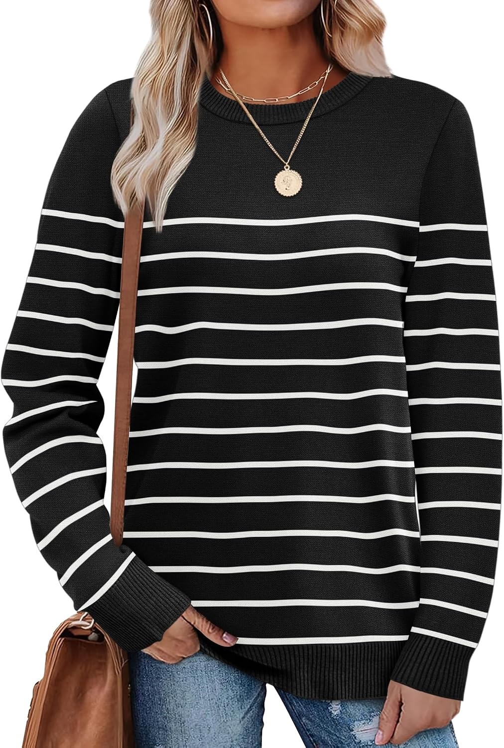 image:imageWIHOLL Sweaters for Women Lightweight Fall Tops Pullover Long Sleeve ShirtsSblackwhite Striped