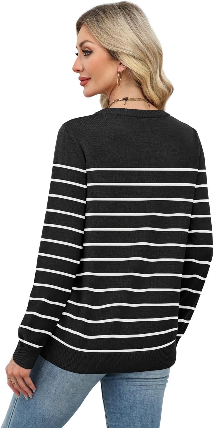 image:imageWIHOLL Sweaters for Women Lightweight Fall Tops Pullover Long Sleeve ShirtsSblackwhite Striped