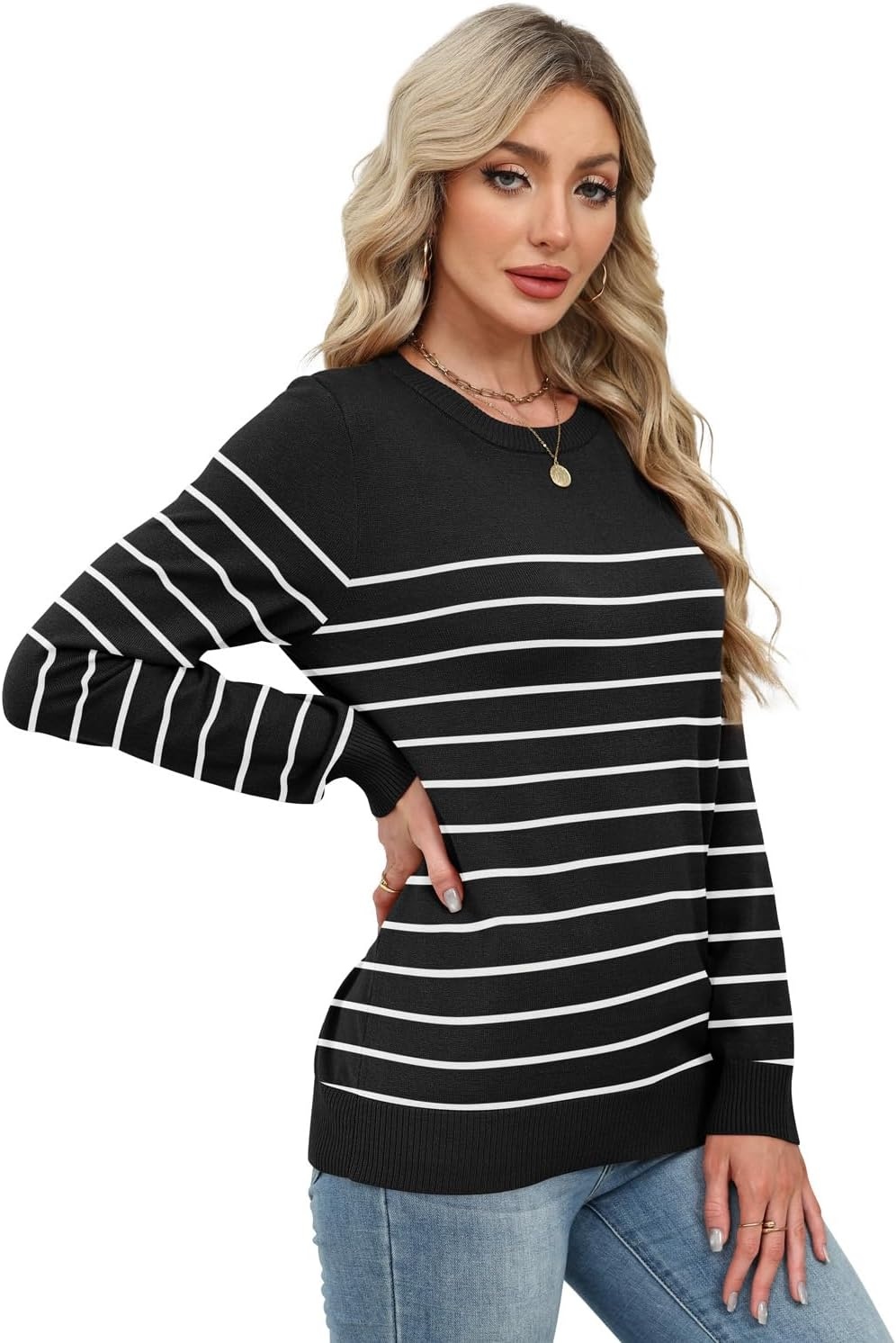 image:imageWIHOLL Sweaters for Women Lightweight Fall Tops Pullover Long Sleeve ShirtsSblackwhite Striped