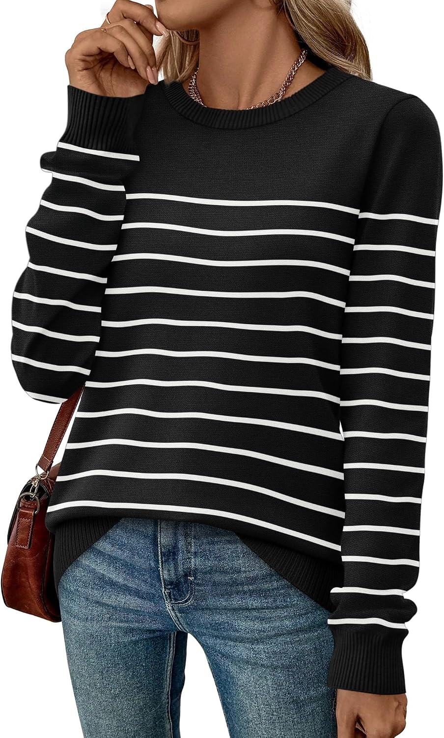 image:imageWIHOLL Sweaters for Women Lightweight Fall Tops Pullover Long Sleeve ShirtsSblackwhite Striped