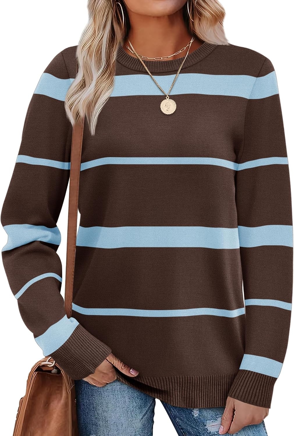 image:imageWIHOLL Sweaters for Women Lightweight Fall Tops Pullover Long Sleeve ShirtsSchocolate Blue Striped