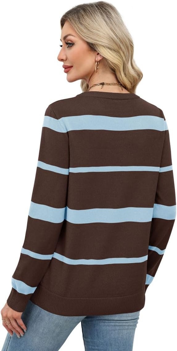 image:imageWIHOLL Sweaters for Women Lightweight Fall Tops Pullover Long Sleeve ShirtsSchocolate Blue Striped