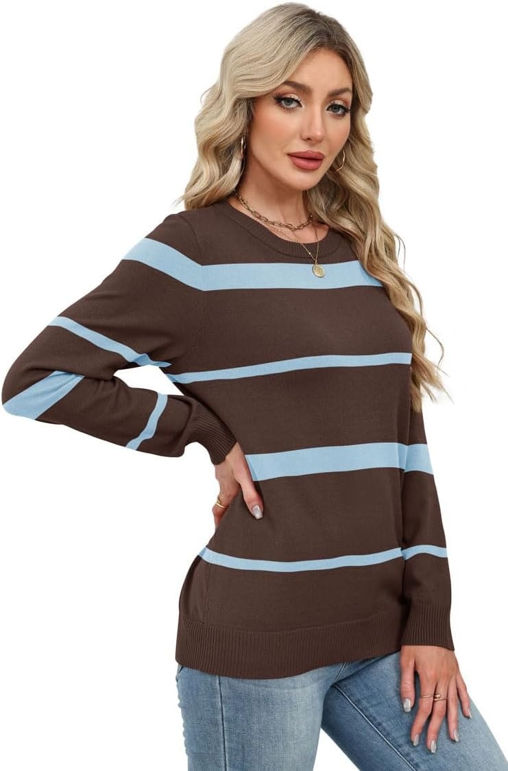 image:imageWIHOLL Sweaters for Women Lightweight Fall Tops Pullover Long Sleeve ShirtsSchocolate Blue Striped