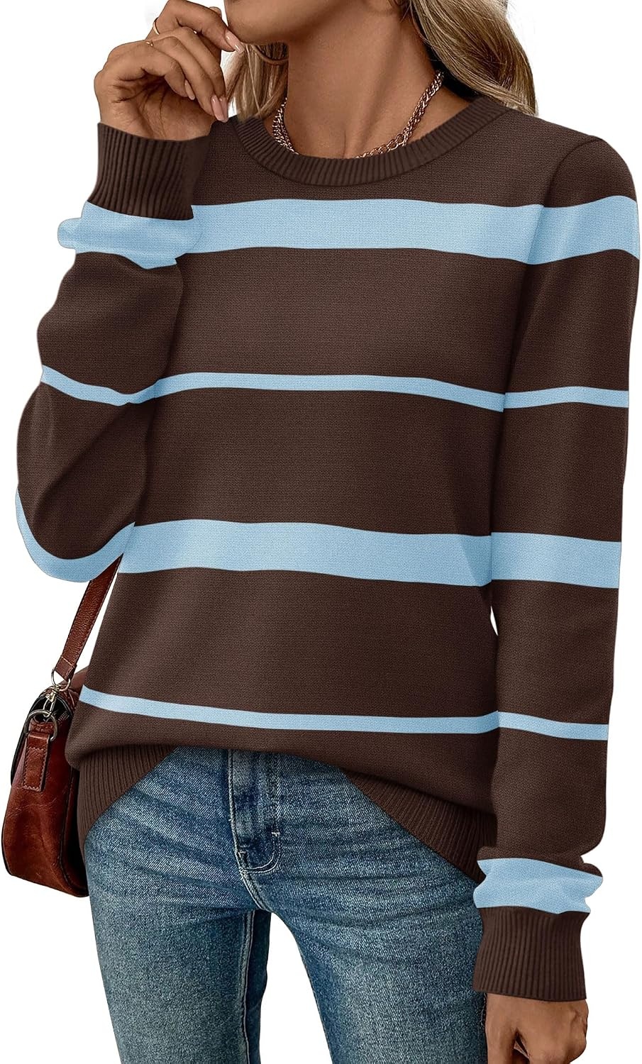 image:imageWIHOLL Sweaters for Women Lightweight Fall Tops Pullover Long Sleeve ShirtsSchocolate Blue Striped