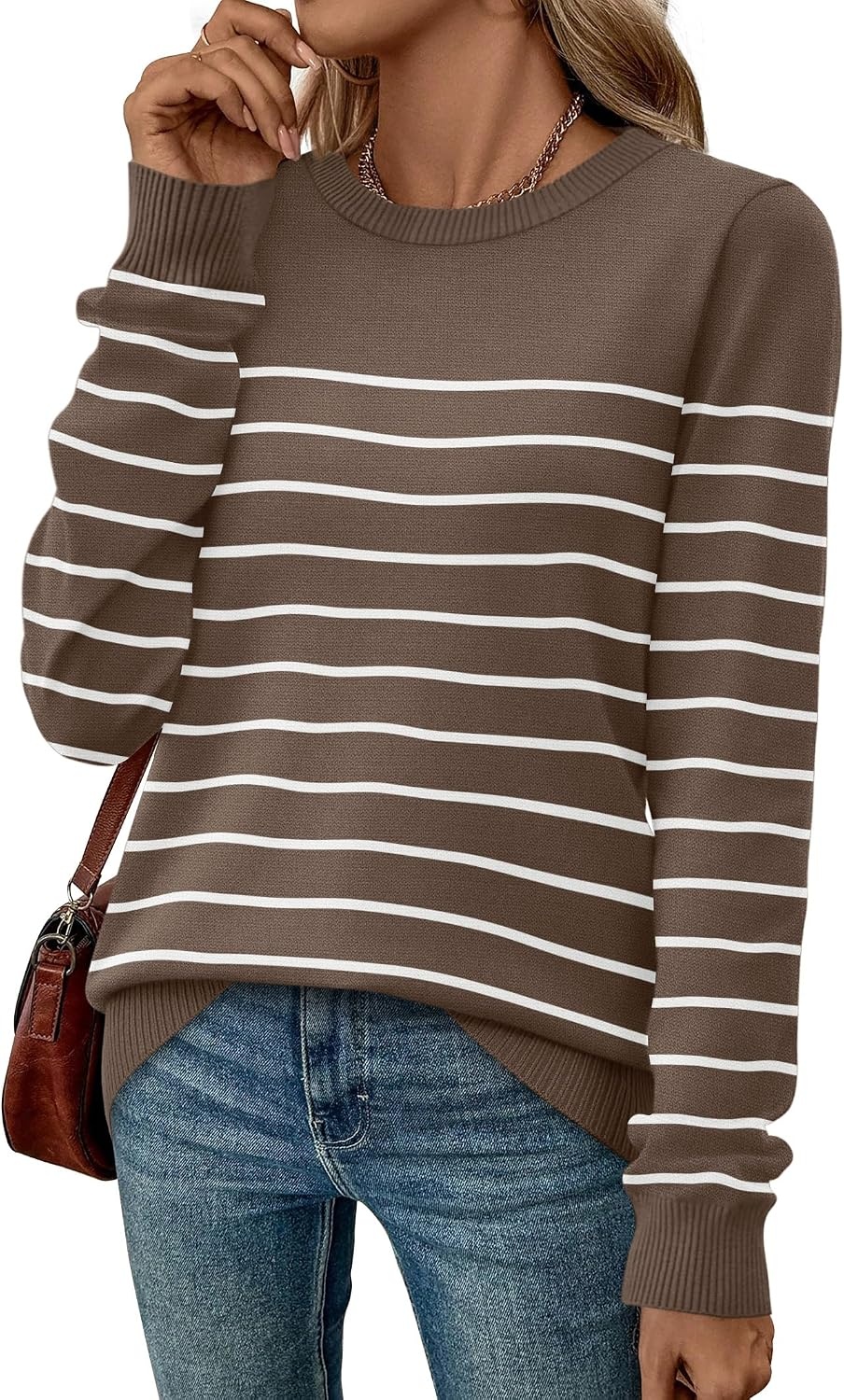 image:imageWIHOLL Sweaters for Women Lightweight Fall Tops Pullover Long Sleeve ShirtsSchocolate Brownwhite Striped