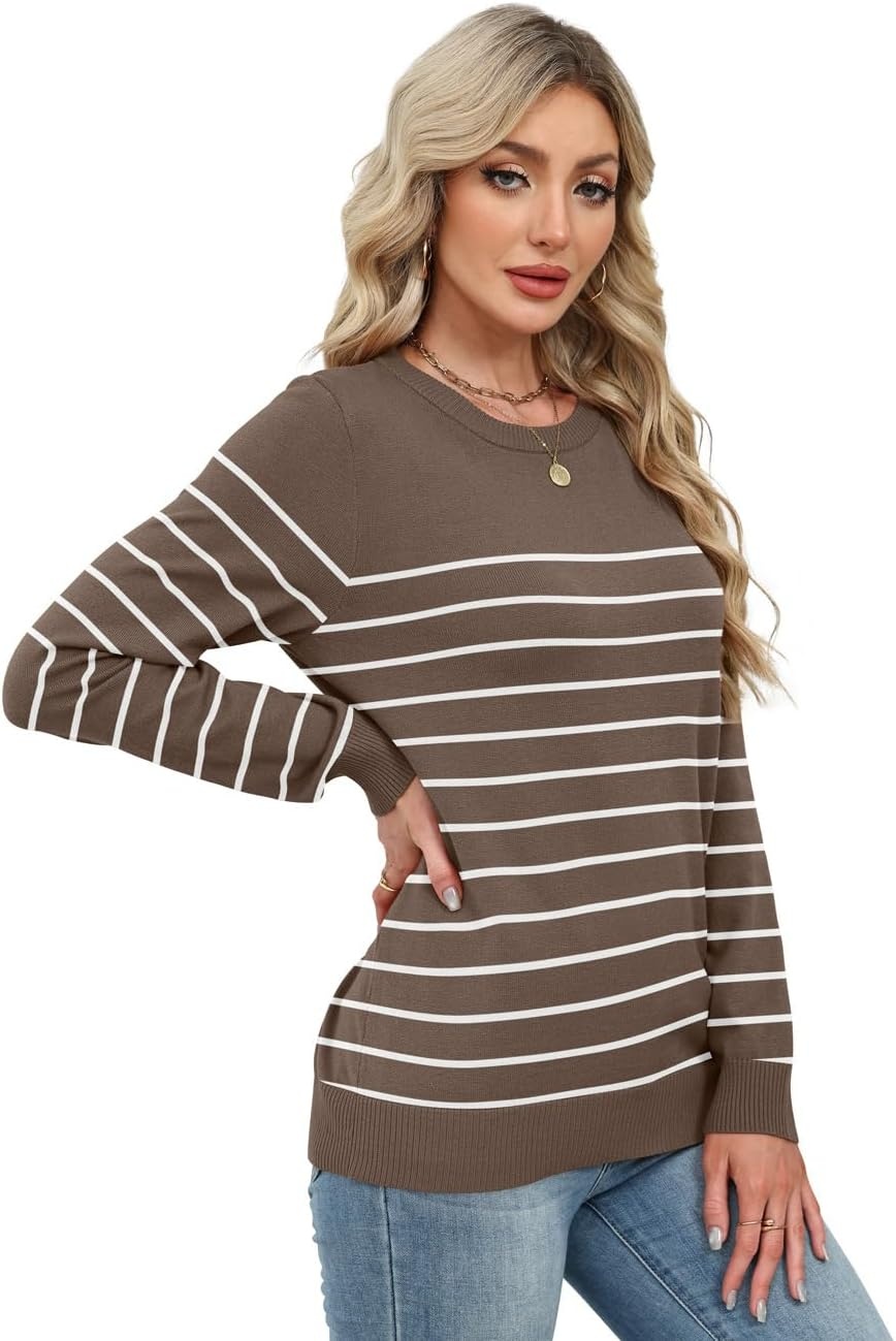 image:imageWIHOLL Sweaters for Women Lightweight Fall Tops Pullover Long Sleeve ShirtsSchocolate Brownwhite Striped
