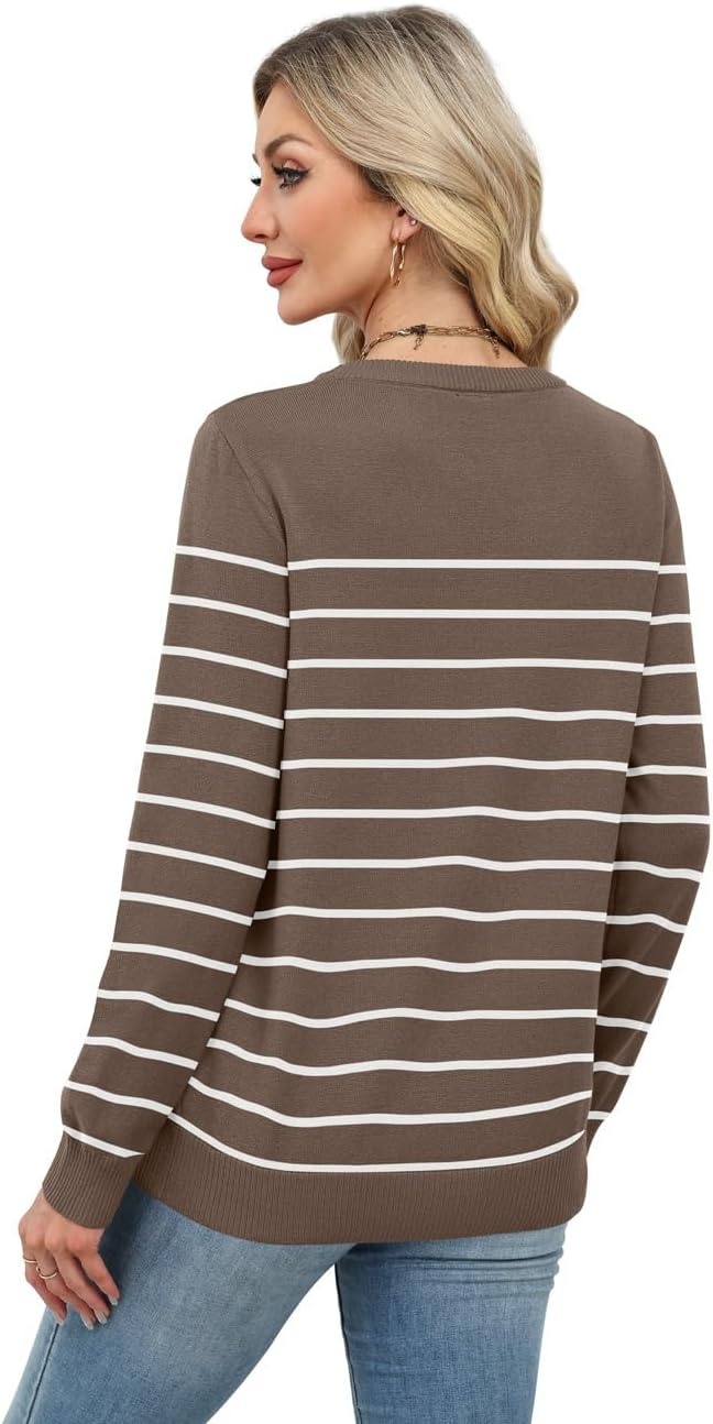 image:imageWIHOLL Sweaters for Women Lightweight Fall Tops Pullover Long Sleeve ShirtsSchocolate Brownwhite Striped
