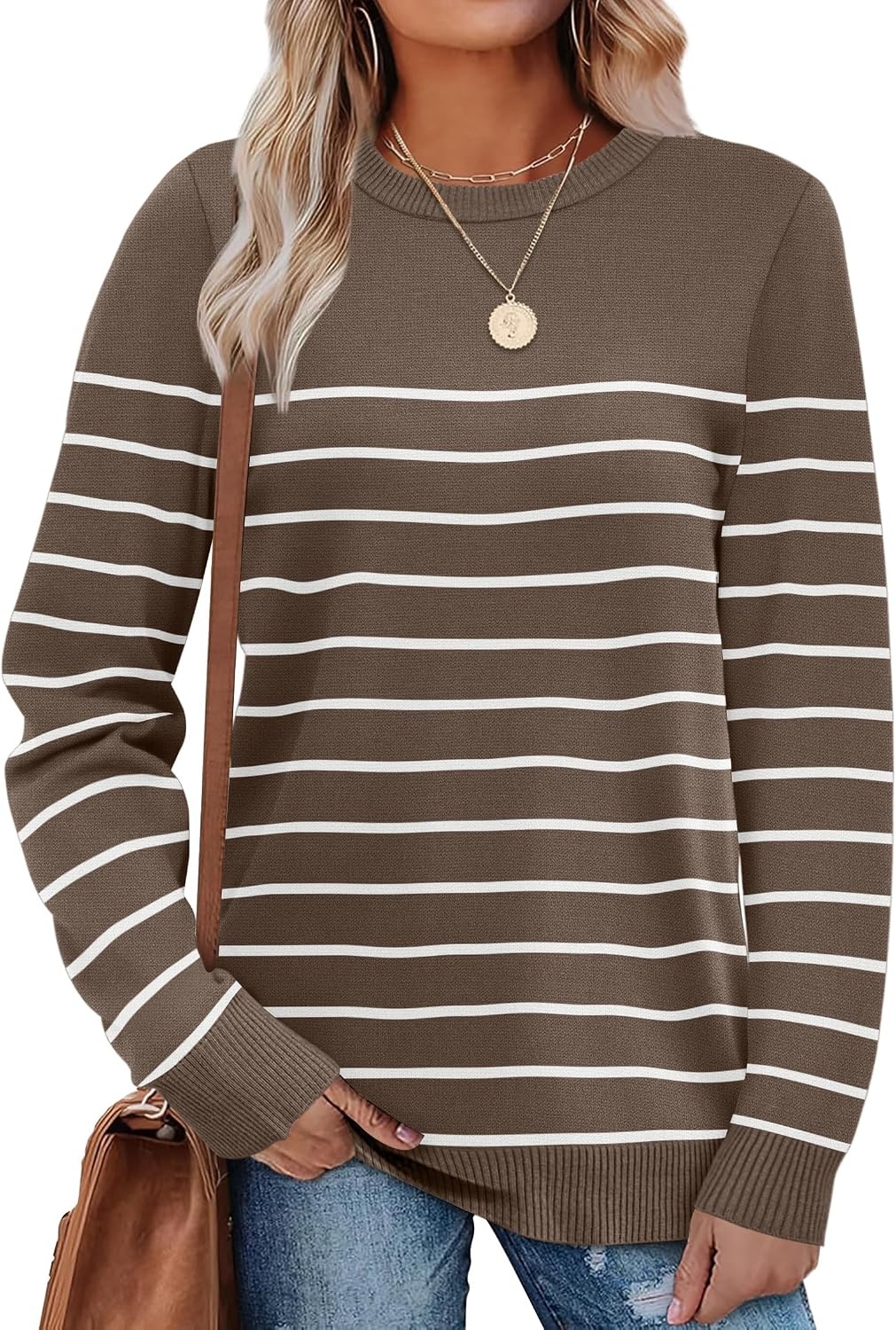 image:imageWIHOLL Sweaters for Women Lightweight Fall Tops Pullover Long Sleeve ShirtsSchocolate Brownwhite Striped