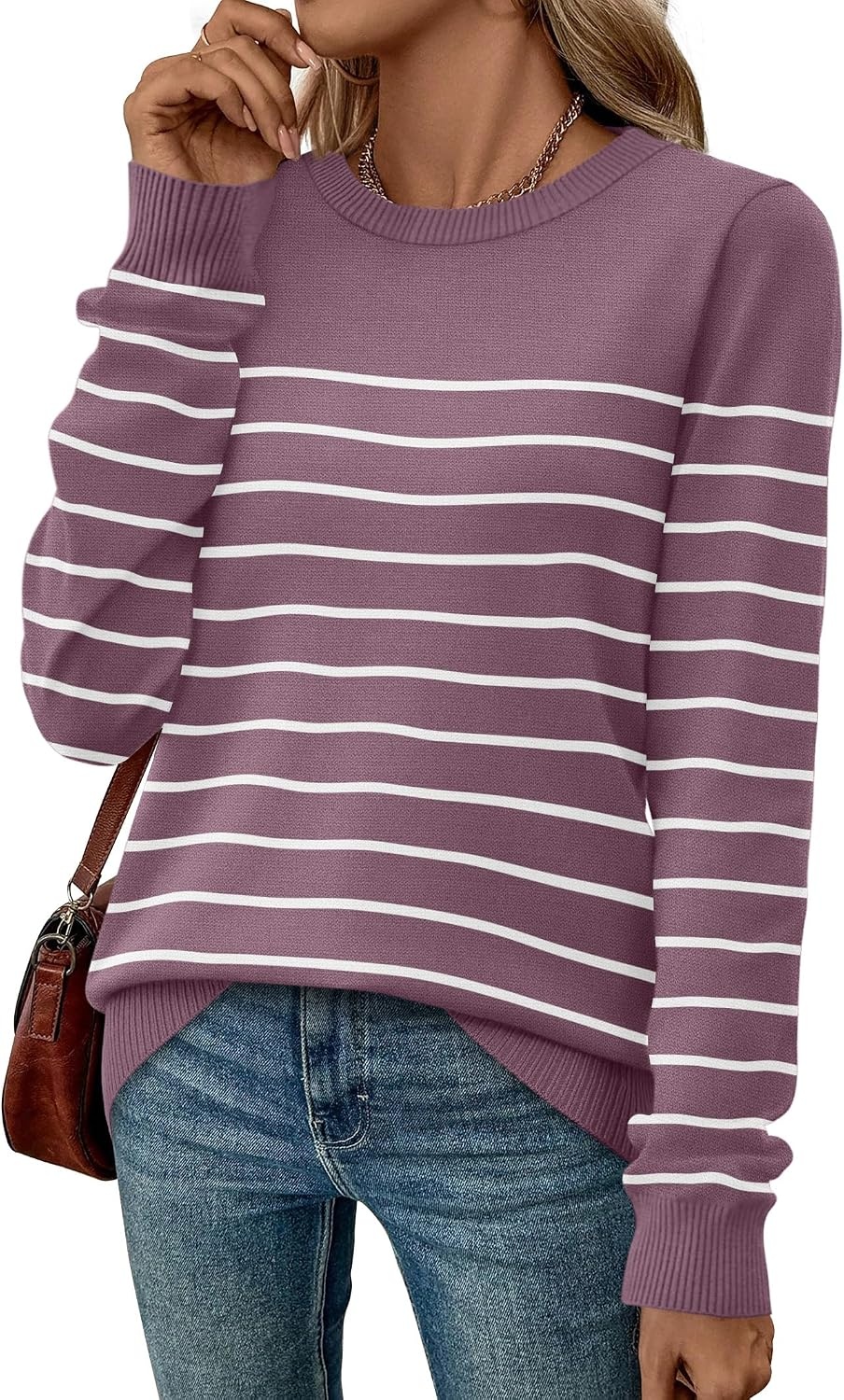 image:imageWIHOLL Sweaters for Women Lightweight Fall Tops Pullover Long Sleeve ShirtsSgrey Purplewhite Striped
