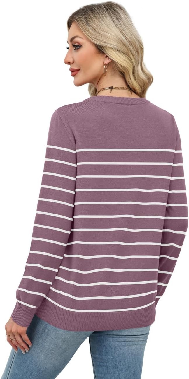 image:imageWIHOLL Sweaters for Women Lightweight Fall Tops Pullover Long Sleeve ShirtsSgrey Purplewhite Striped