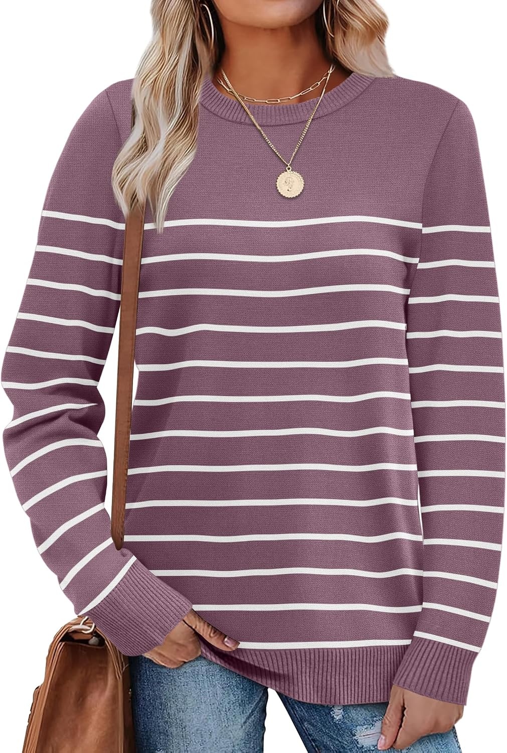image:imageWIHOLL Sweaters for Women Lightweight Fall Tops Pullover Long Sleeve ShirtsSgrey Purplewhite Striped