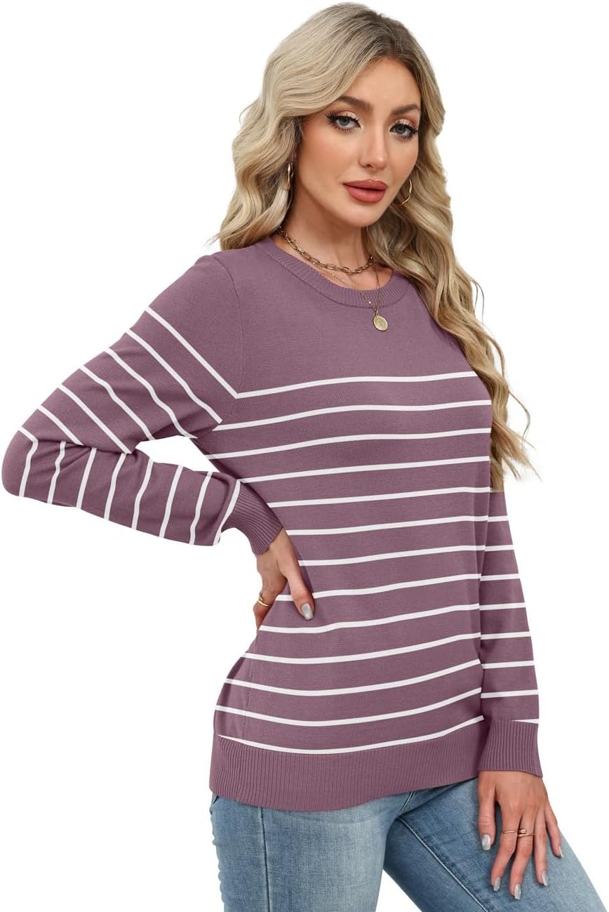 image:imageWIHOLL Sweaters for Women Lightweight Fall Tops Pullover Long Sleeve ShirtsSgrey Purplewhite Striped