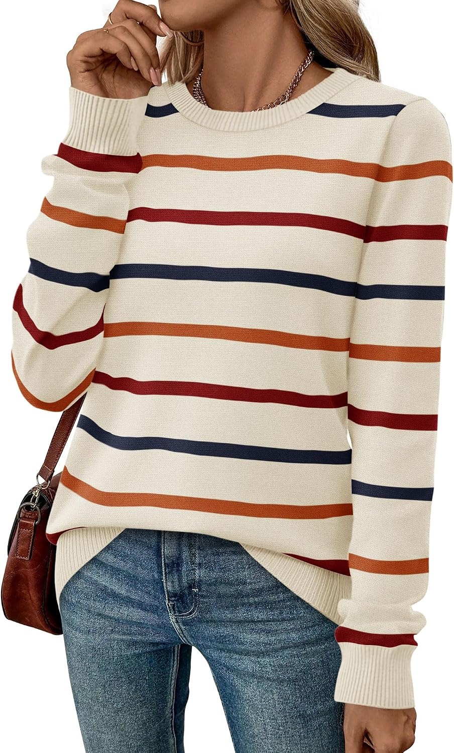 image:imageWIHOLL Sweaters for Women Lightweight Fall Tops Pullover Long Sleeve ShirtsSrainbow Striped