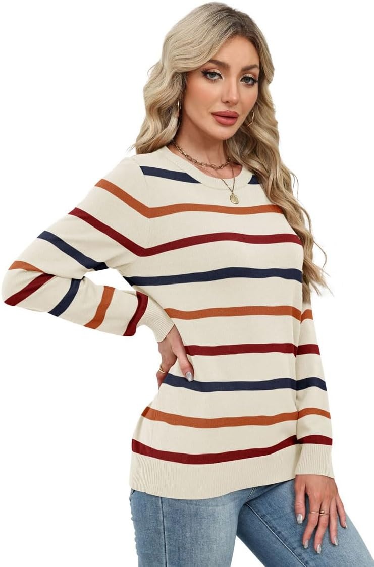 image:imageWIHOLL Sweaters for Women Lightweight Fall Tops Pullover Long Sleeve ShirtsSrainbow Striped