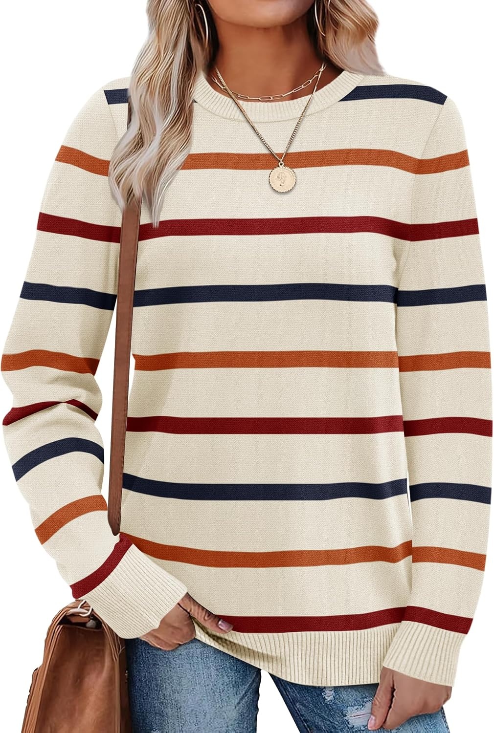image:imageWIHOLL Sweaters for Women Lightweight Fall Tops Pullover Long Sleeve ShirtsSrainbow Striped