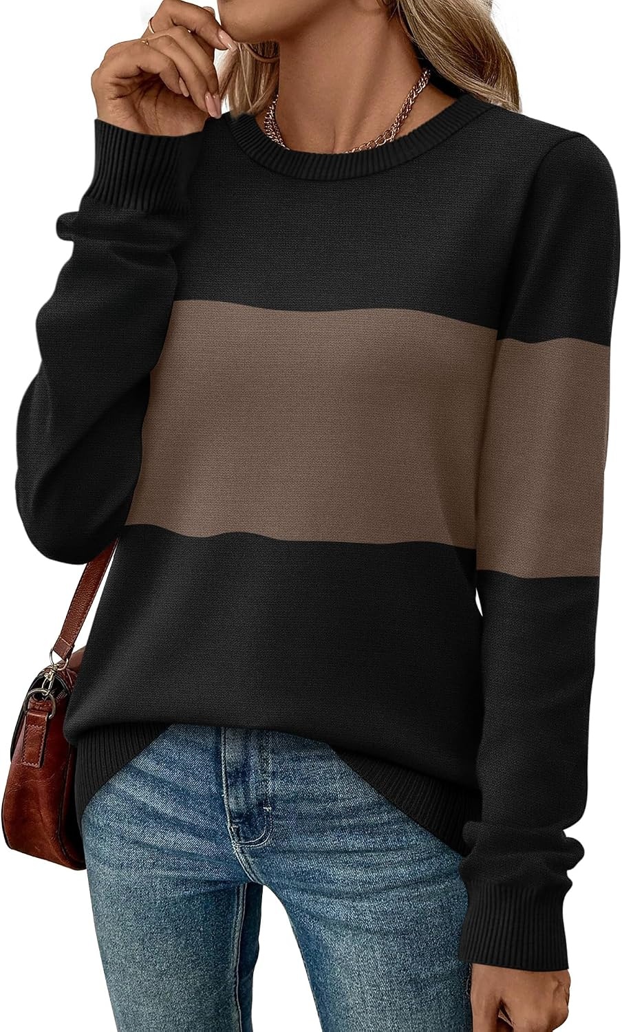 image:imageWIHOLL Sweaters for Women Lightweight Fall Tops Pullover Long Sleeve ShirtsTblackchocolate Brown