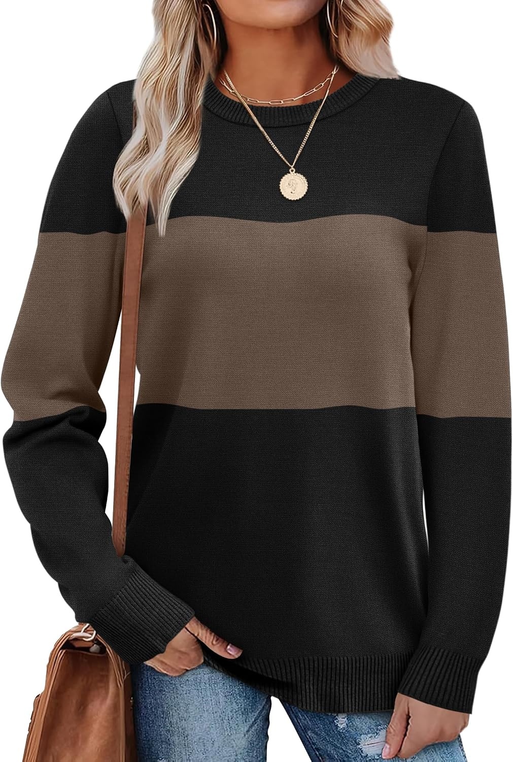 image:imageWIHOLL Sweaters for Women Lightweight Fall Tops Pullover Long Sleeve ShirtsTblackchocolate Brown