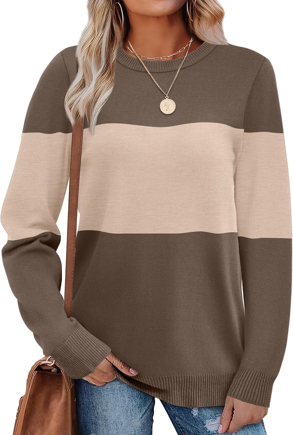 image:imageWIHOLL Sweaters for Women Lightweight Fall Tops Pullover Long Sleeve ShirtsTchocolate Brownapricot